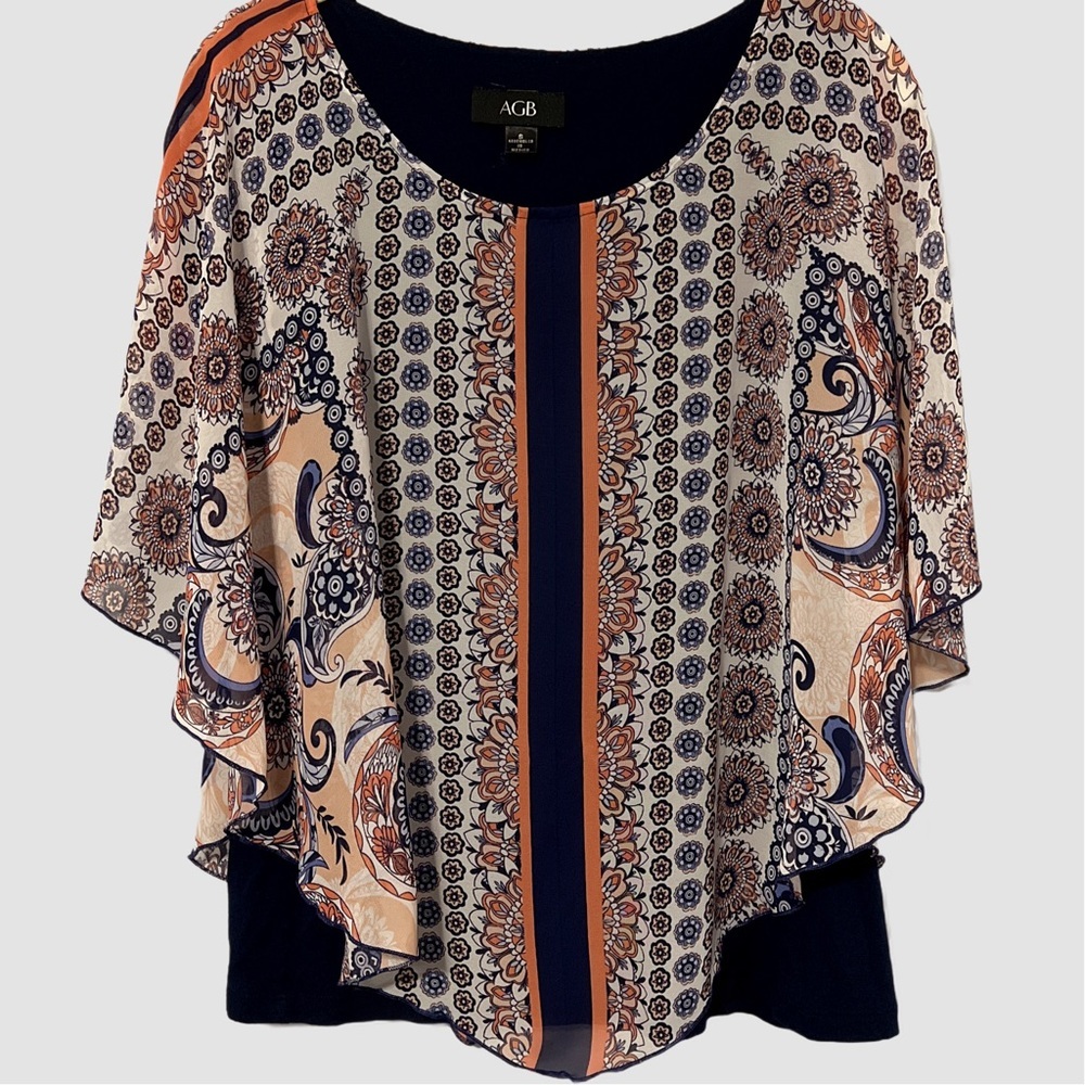 AGB Peach and Navy Patterned Poncho Blouse Top‎ With Tank Lining Size Small